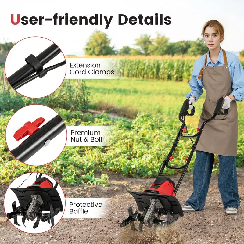 10-Amp Corded Electric Tiller ¨C Foldable Garden Cultivator for Efficient Soil Prep