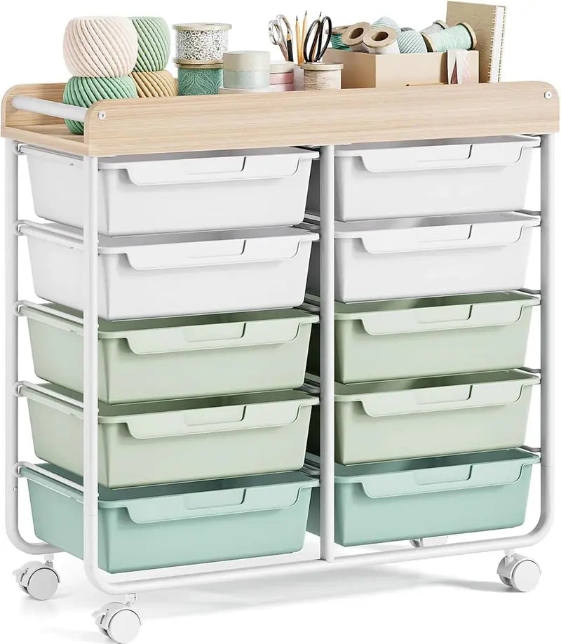 10-Drawer Rolling Craft Cart ¨C Wooden Top Utility Organizer with Casters for Home. Office. or Classroom