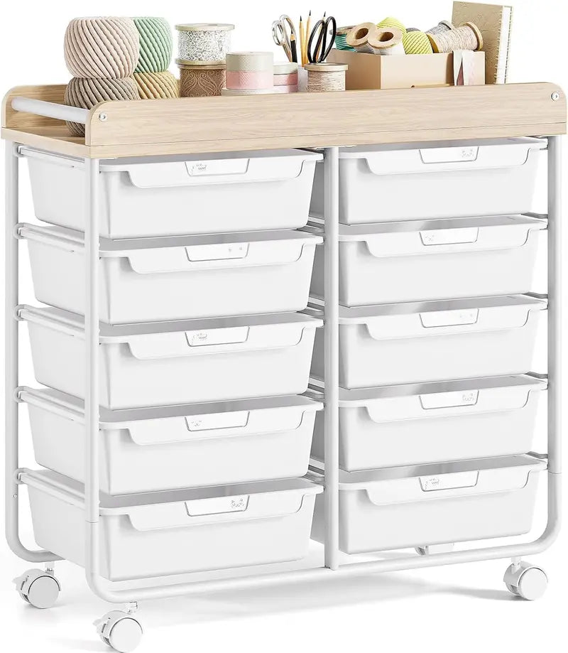 10-Drawer Rolling Craft Cart ¨C Wooden Top Utility Organizer with Casters for Home. Office. or Classroom