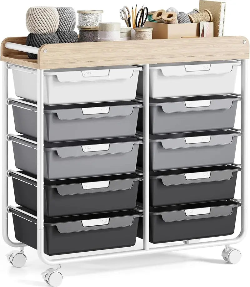 10-Drawer Rolling Craft Cart ¨C Wooden Top Utility Organizer with Casters for Home. Office. or Classroom