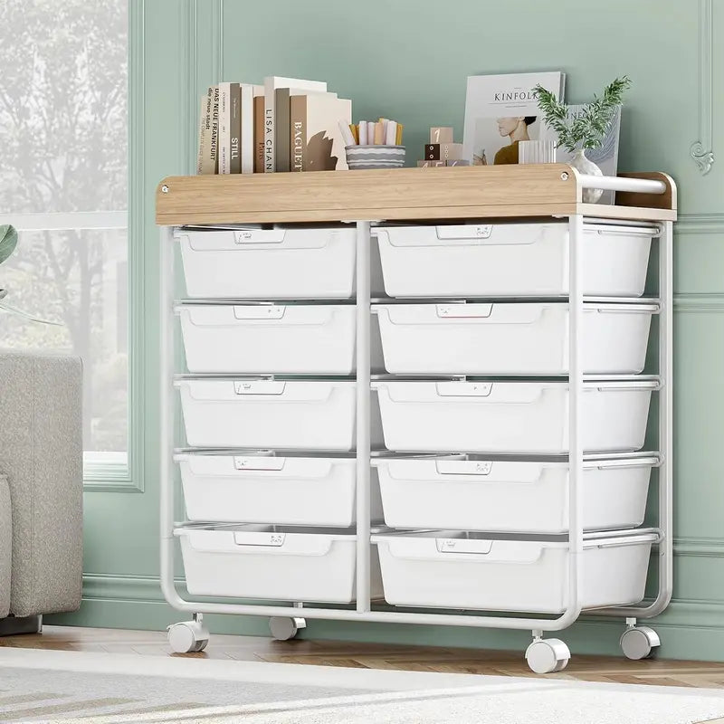 10-Drawer Rolling Craft Cart ¨C Wooden Top Utility Organizer with Casters for Home. Office. or Classroom