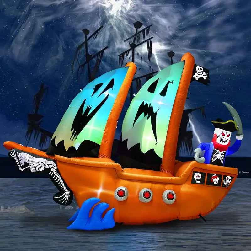 10-Foot Inflatable Pirate Ship Yard Decoration ¨C Spooky Halloween Theme with Illuminated Details