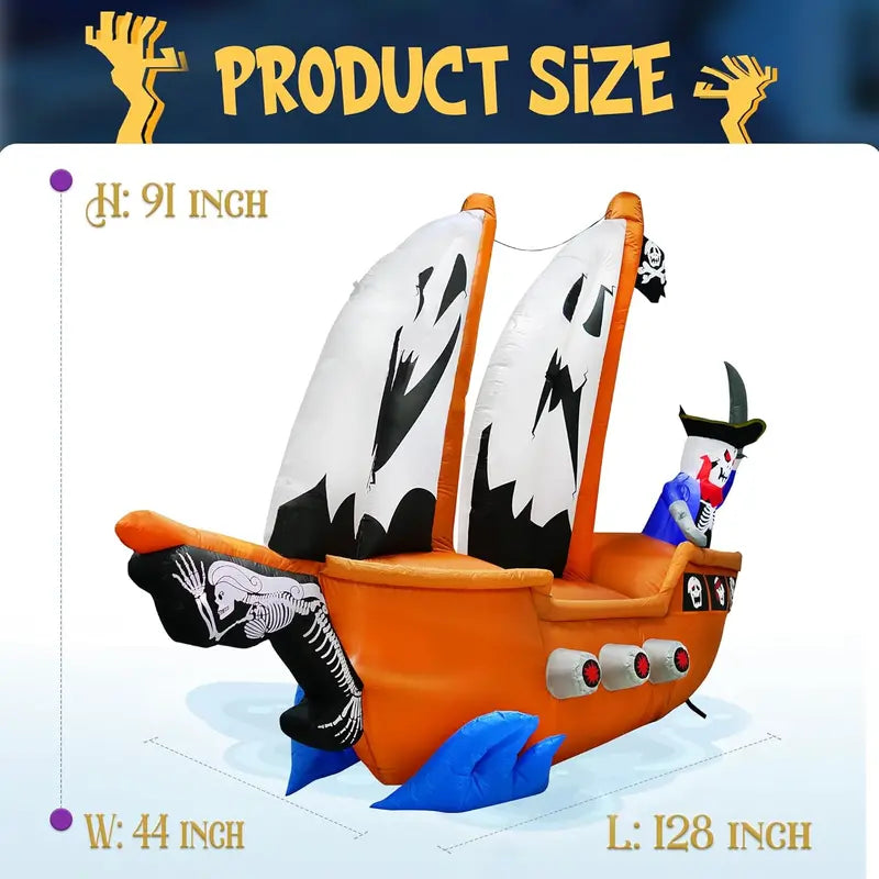 10-Foot Inflatable Pirate Ship Yard Decoration ¨C Spooky Halloween Theme with Illuminated Details