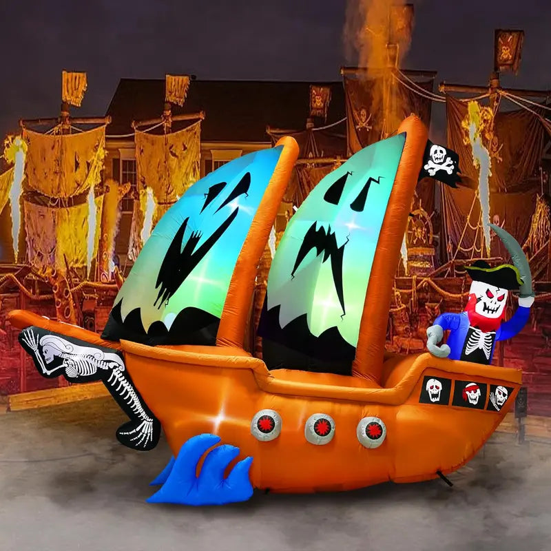 10-Foot Inflatable Pirate Ship Yard Decoration ¨C Spooky Halloween Theme with Illuminated Details