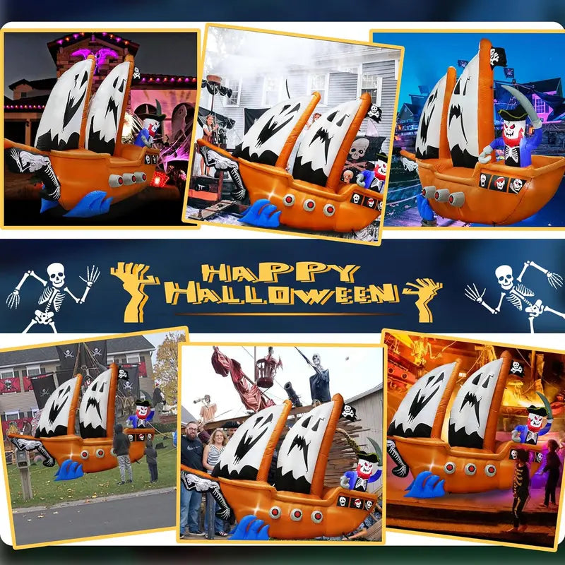 10-Foot Inflatable Pirate Ship Yard Decoration ¨C Spooky Halloween Theme with Illuminated Details