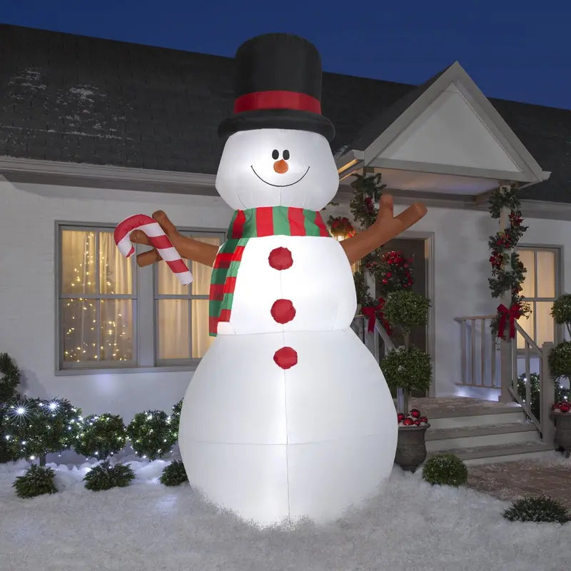 10 ft Animated Swiveling Snowman Inflatable with Candy Cane - Gemmy Christmas Decor