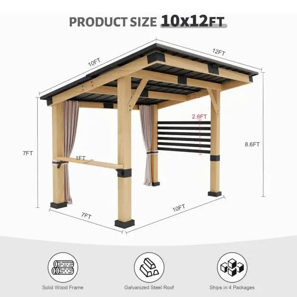 10 ft x 12 ft Cedar Hardtop Gazebo ¨C All-Season Wooden Structure with Metal Roof & Back Curtains (Model SAK57184)
