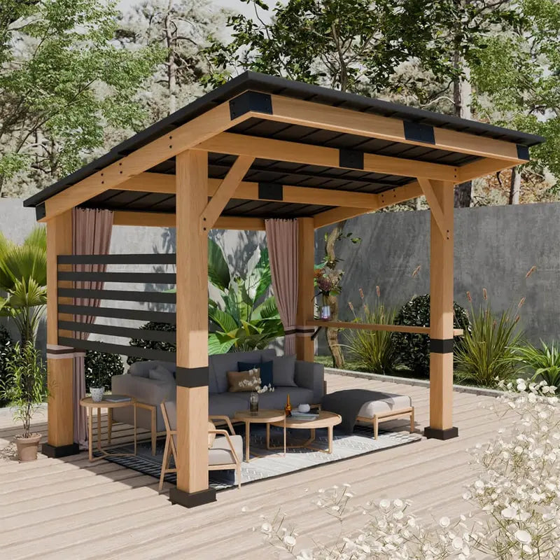 10 ft ¡Á 12 ft Cedar Hardtop Gazebo with Metal Roof & Privacy Curtains ¨C All-Season Outdoor Structure