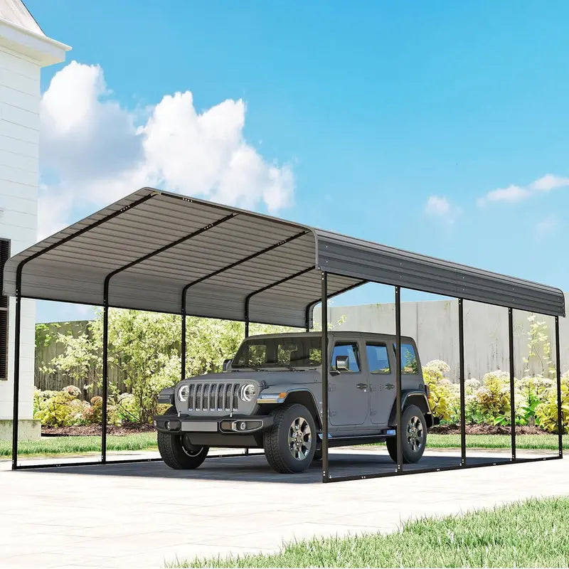 10 ft x 15 ft Reinforced Metal Carport ¨C Weather-Resistant Outdoor Garage or Shade Structure
