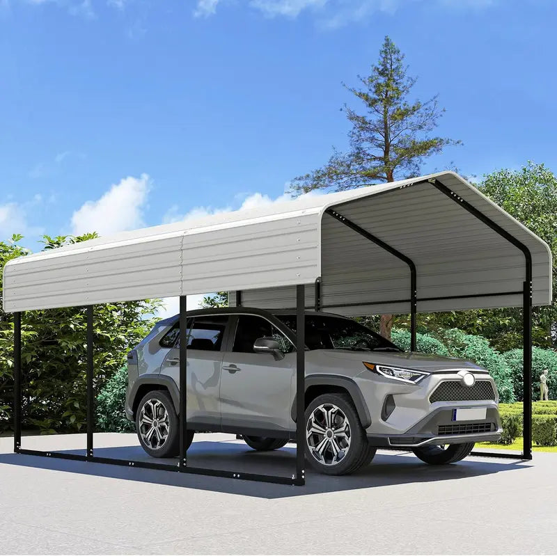 10 ft x 15 ft Reinforced Metal Carport ¨C Weather-Resistant Outdoor Garage or Shade Structure