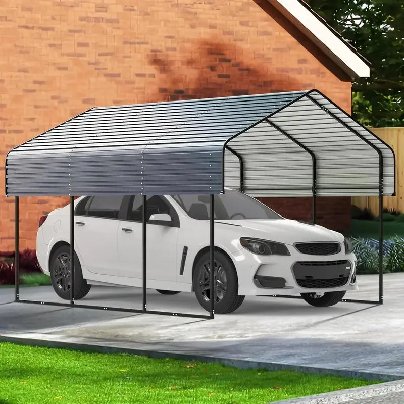 10 ft x 15 ft Reinforced Metal Carport ¨C Weather-Resistant Outdoor Garage or Shade Structure