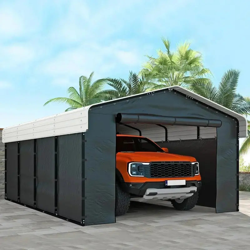10 ft x 15 ft Reinforced Metal Carport ¨C Weather-Resistant Outdoor Garage or Shade Structure