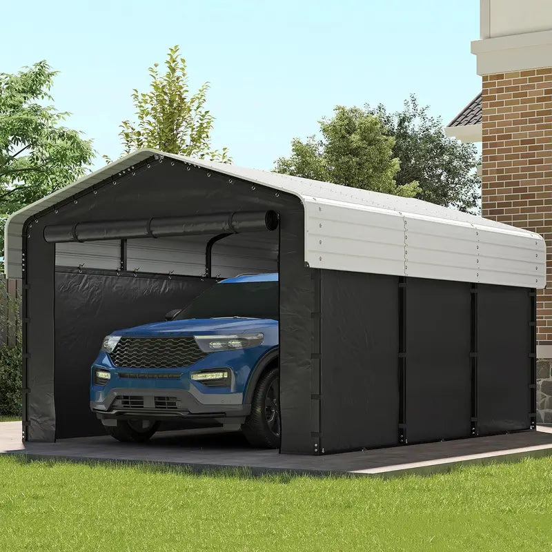 10 ft x 15 ft Reinforced Metal Carport ¨C Weather-Resistant Outdoor Garage or Shade Structure