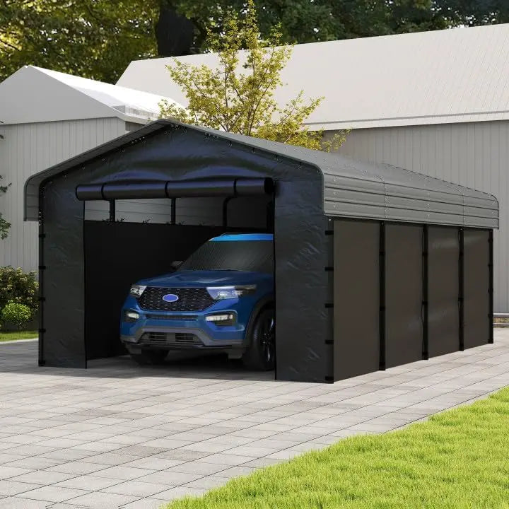 10 ft x 15 ft Reinforced Metal Carport ¨C Weather-Resistant Outdoor Garage or Shade Structure