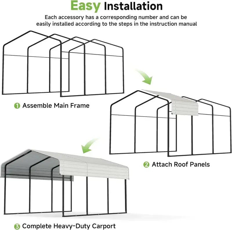 10 ft x 15 ft Reinforced Metal Carport ¨C Weather-Resistant Outdoor Garage or Shade Structure