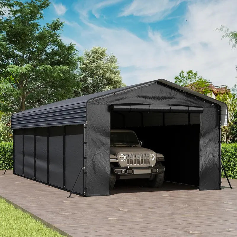 10 ft x 15 ft Reinforced Metal Carport ¨C Weather-Resistant Outdoor Garage or Shade Structure