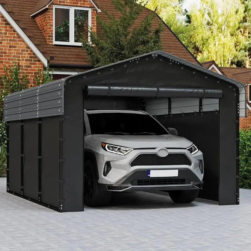 10 ft x 15 ft Reinforced Metal Carport ¨C Weather-Resistant Outdoor Garage or Shade Structure
