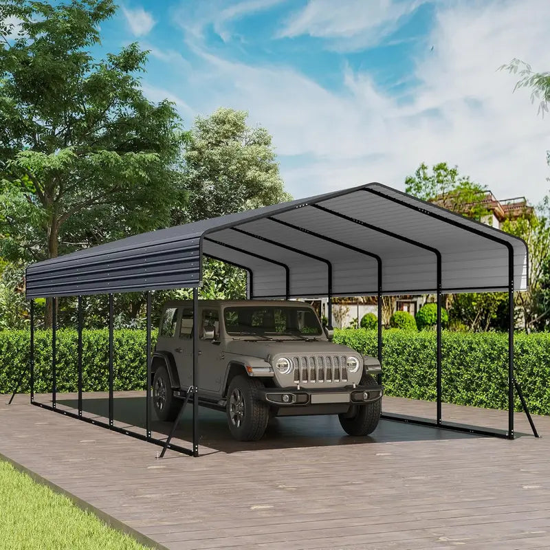 10 ft x 15 ft Reinforced Metal Carport ¨C Weather-Resistant Outdoor Garage or Shade Structure