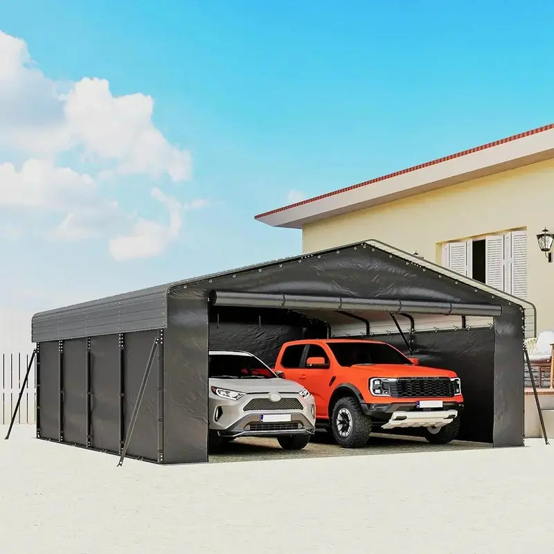 10 ft x 15 ft Reinforced Metal Carport ¨C Weather-Resistant Outdoor Garage or Shade Structure