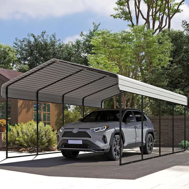 10 ft x 15 ft Reinforced Metal Carport ¨C Weather-Resistant Outdoor Garage or Shade Structure