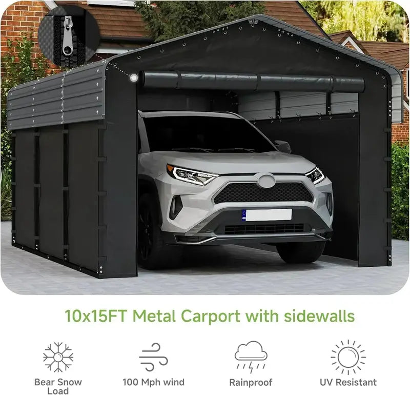 10 ft x 15 ft Reinforced Metal Carport ¨C Weather-Resistant Outdoor Garage or Shade Structure
