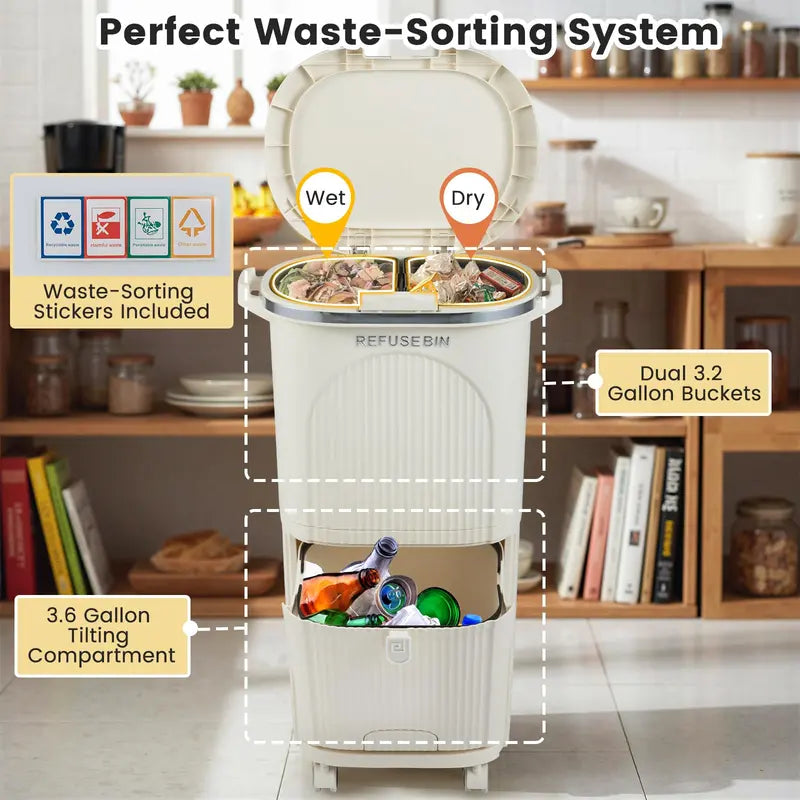 10-Gallon Dual-Bucket Kitchen Trash Bin ¨C Lid-Covered Waste Container with Removable Liners