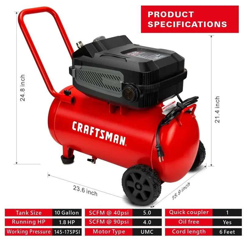 10-Gallon Oil-Free Air Compressor ¨C 1.8 HP. 175 PSI. 4.0 CFM@90 PSI. Portable w/ Large Wheels