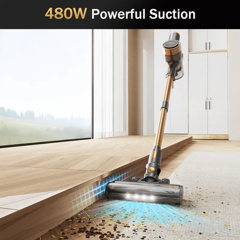 10-in-1 Gold Cordless Stick Vacuum: LED Touchscreen. 45-Min Battery Life. Lightweight &amp; Powerful ¡ª Ideal for Hard Floors. Carpets &amp; Pet Hair