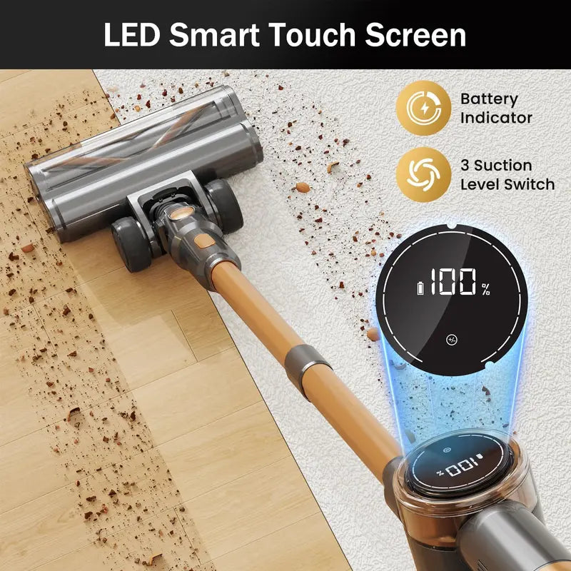10-in-1 Gold Cordless Stick Vacuum: LED Touchscreen. 45-Min Battery Life. Lightweight &amp; Powerful ¡ª Ideal for Hard Floors. Carpets &amp; Pet Hair