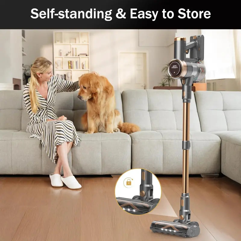 10-in-1 Gold Cordless Stick Vacuum: LED Touchscreen. 45-Min Battery Life. Lightweight &amp; Powerful ¡ª Ideal for Hard Floors. Carpets &amp; Pet Hair