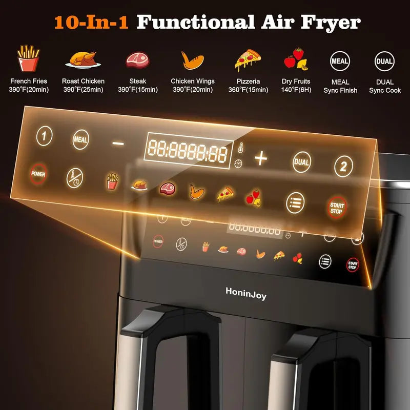 10-Quart Dual Basket Air Fryer with Viewing Window ¨C 10-in-1 Touchscreen System with SyncCook Technology and Liner Set