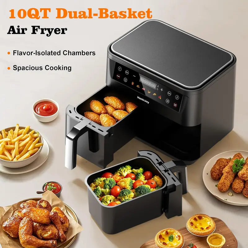 10-Quart Dual Basket Air Fryer with Viewing Window ¨C 10-in-1 Touchscreen System with SyncCook Technology and Liner Set