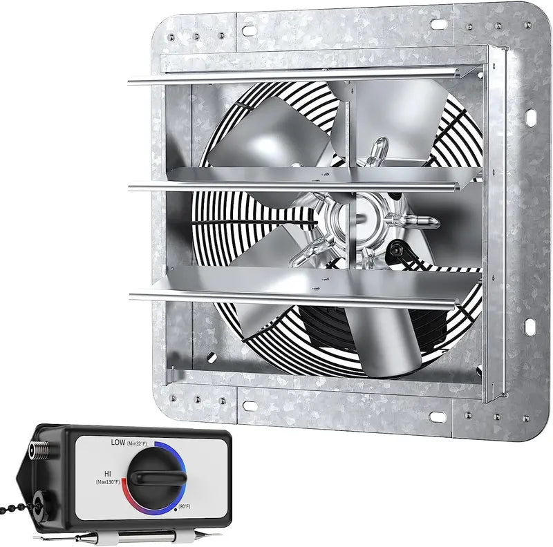 10″ Shutter Exhaust Fan. 3 Speed Thermostat. 600 CFM. 900 SQF. 6′ Cord. Silver