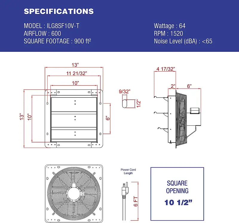 10″ Shutter Exhaust Fan. 3 Speed Thermostat. 600 CFM. 900 SQF. 6′ Cord. Silver