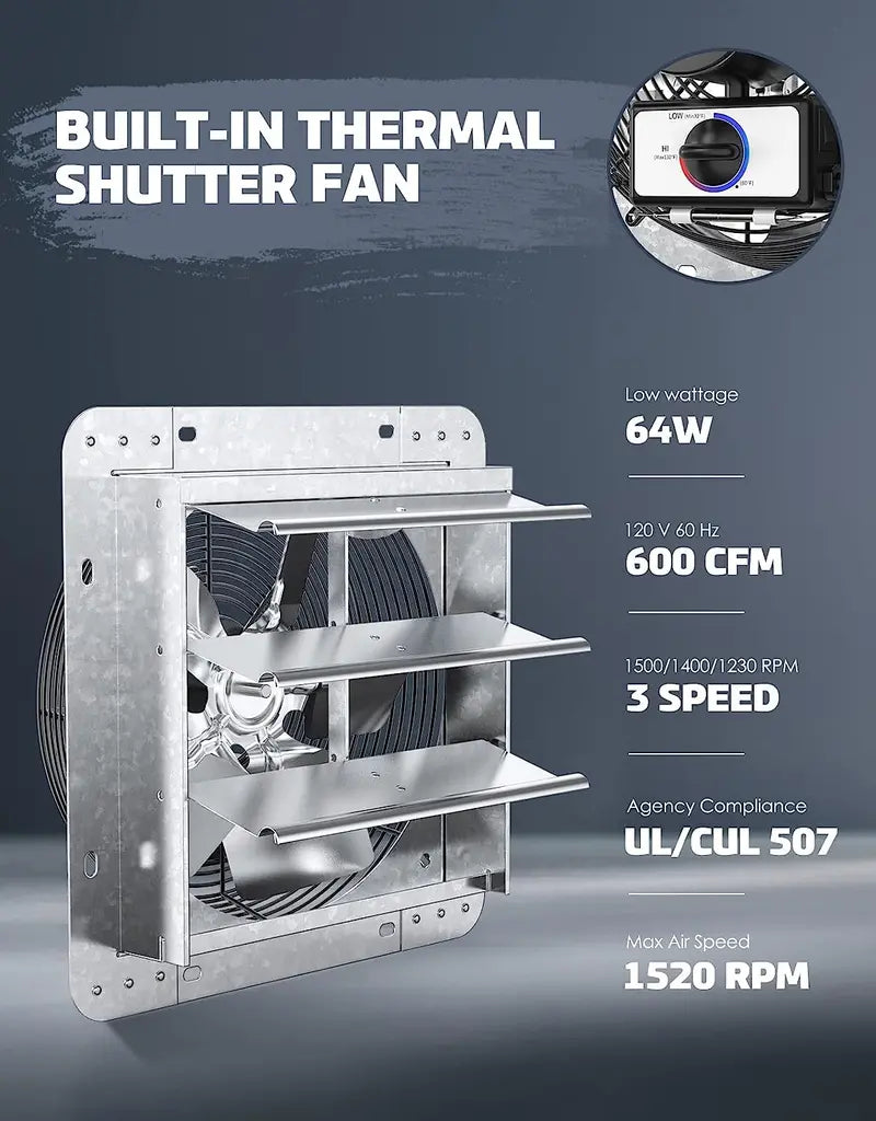 10″ Shutter Exhaust Fan. 3 Speed Thermostat. 600 CFM. 900 SQF. 6′ Cord. Silver