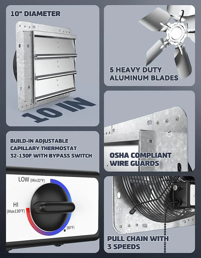 10″ Shutter Exhaust Fan. 3 Speed Thermostat. 600 CFM. 900 SQF. 6′ Cord. Silver