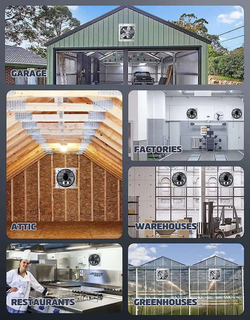 10″ Shutter Exhaust Fan. 3 Speed Thermostat. 600 CFM. 900 SQF. 6′ Cord. Silver