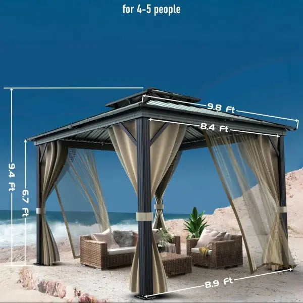 10¡ä x 10¡ä All-Weather Hardtop Gazebo ¨C Dual Metal Roof. Aluminum Structure. Netting & Curtains. Khaki Patio Shelter
