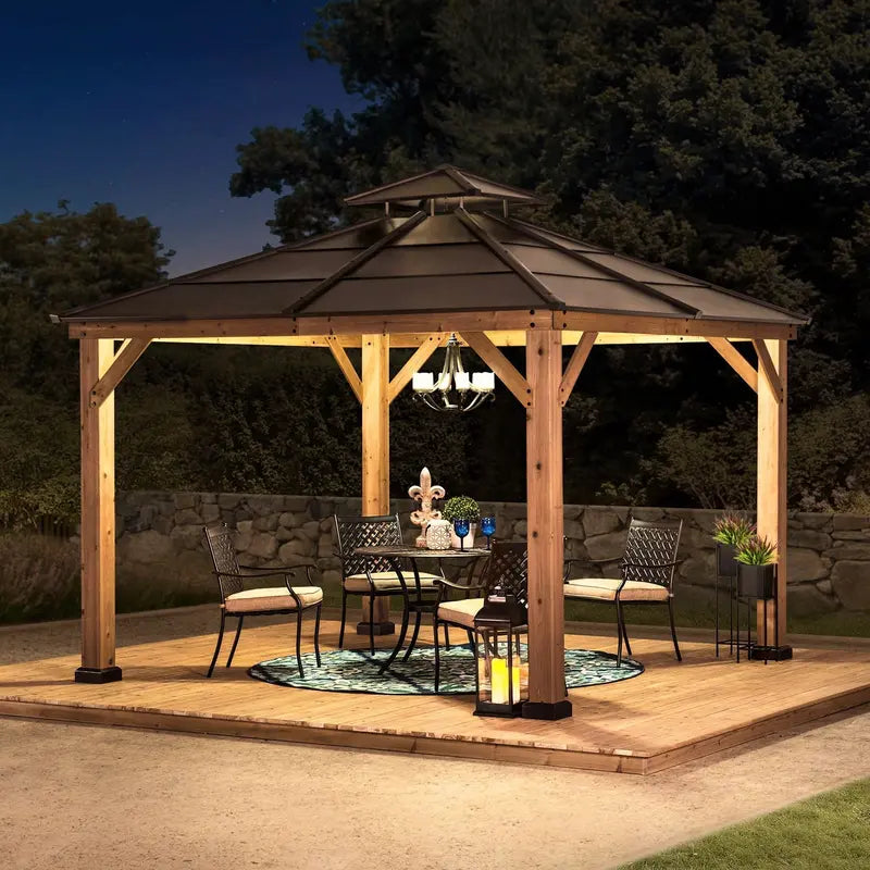 10′ x 10′ Cedar-Framed Hardtop Gazebo ¨C Steel Two-Tier Hip Roof. Rust-Resistant Construction