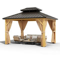 10′ x 13′ Galvanized Steel Hardtop Gazebo ¨C Double Roof. Aluminum Frame. Mosquito Netting &amp; Sunshade Curtains. Khaki