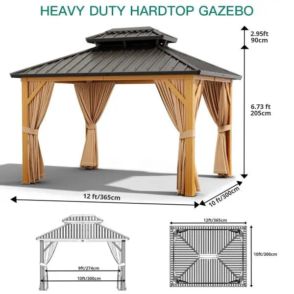 10′ x 13′ Galvanized Steel Hardtop Gazebo ¨C Double Roof. Aluminum Frame. Mosquito Netting &amp; Sunshade Curtains. Khaki