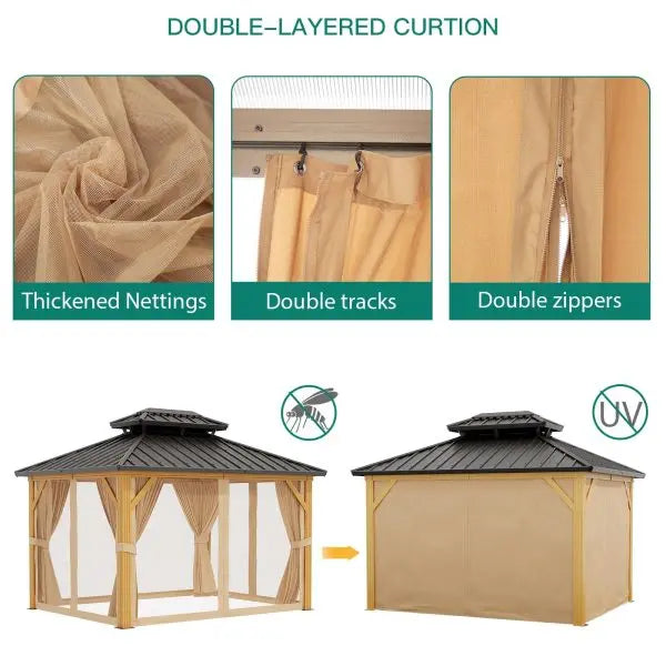 10′ x 13′ Galvanized Steel Hardtop Gazebo ¨C Double Roof. Aluminum Frame. Mosquito Netting &amp; Sunshade Curtains. Khaki