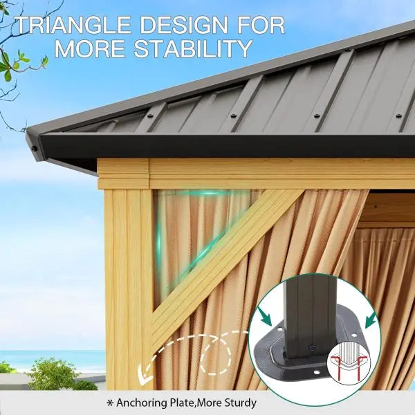 10′ x 13′ Galvanized Steel Hardtop Gazebo ¨C Double Roof. Aluminum Frame. Mosquito Netting &amp; Sunshade Curtains. Khaki