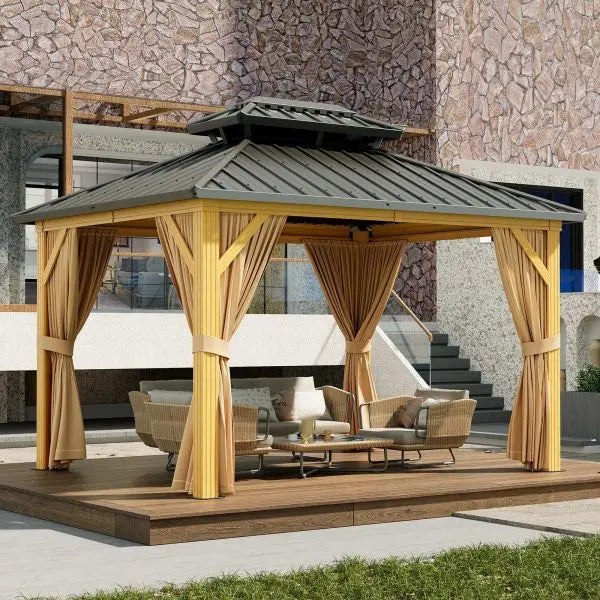 10′ x 13′ Heavy-Duty Galvanized Steel Gazebo ¨C Double-Roof Design with Sunshade Curtains &amp; Mosquito Netting (Khaki)