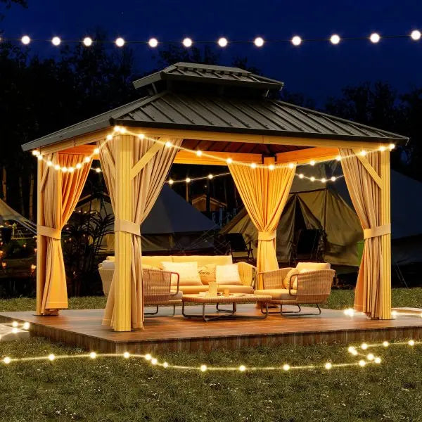10′ x 13′ Heavy-Duty Galvanized Steel Gazebo ¨C Double-Roof Design with Sunshade Curtains &amp; Mosquito Netting (Khaki)