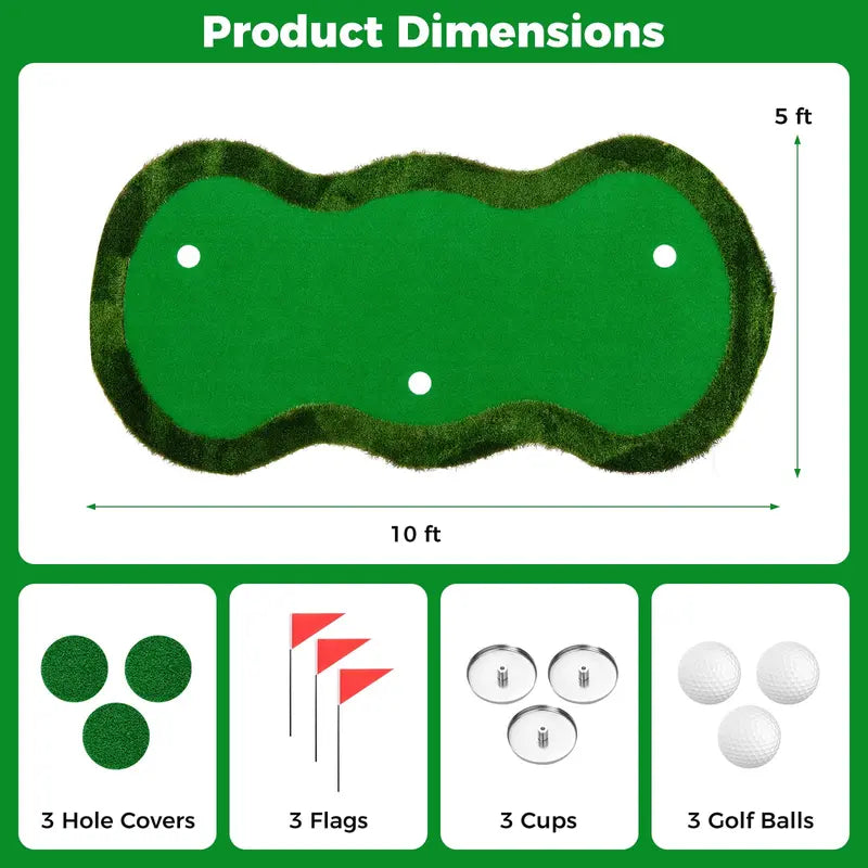 10′ x 5′ Backyard Golf Putting Green with 3 Holes &amp; Flag Markers