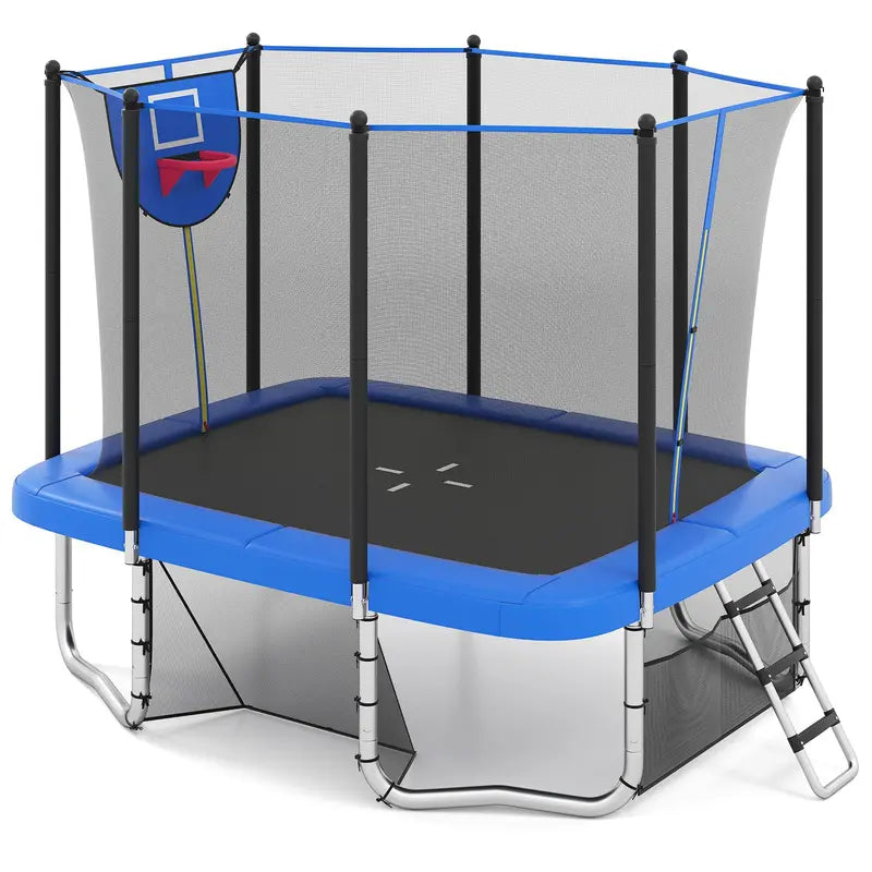 10 x 8 Foot Heavy-Duty Toddler Trampoline with Integrated Basketball Hoop. Soccer Goal. and Non-Slip Ladder