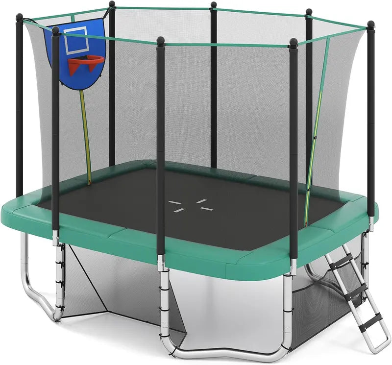 10 x 8 Foot Heavy-Duty Toddler Trampoline with Integrated Basketball Hoop. Soccer Goal. and Non-Slip Ladder