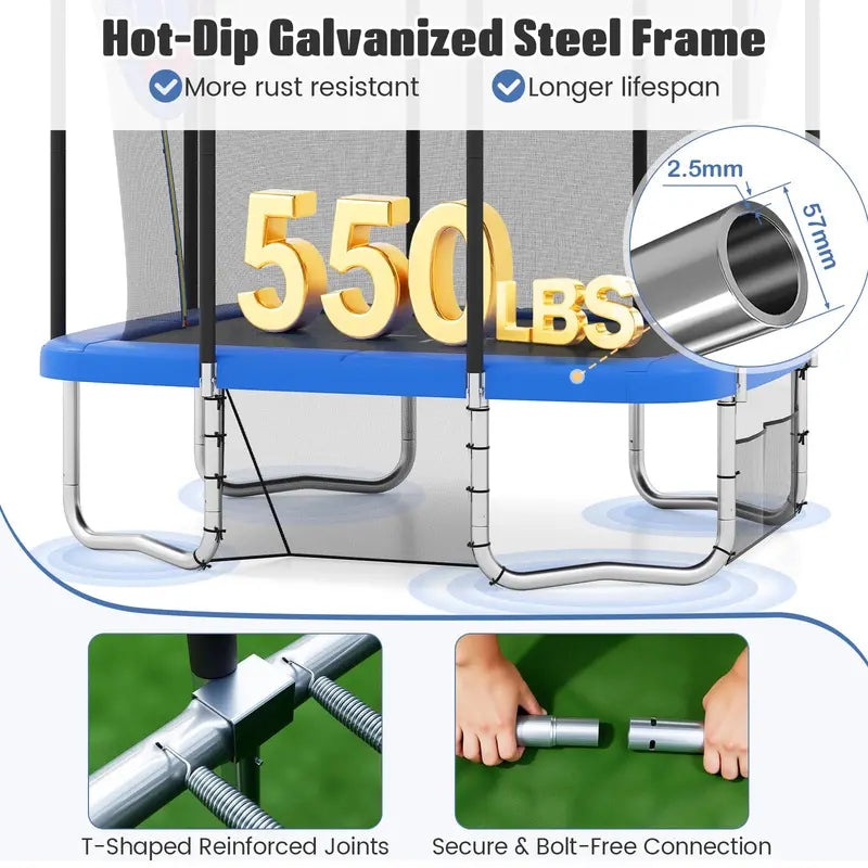 10 x 8 Foot Heavy-Duty Toddler Trampoline with Integrated Basketball Hoop. Soccer Goal. and Non-Slip Ladder