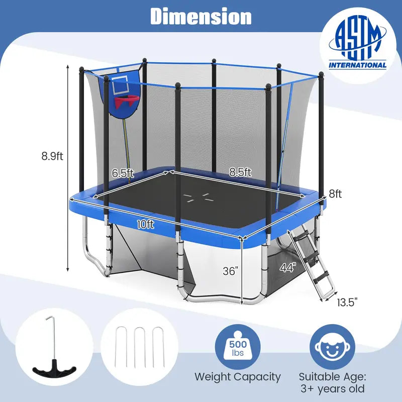 10 x 8 Foot Heavy-Duty Toddler Trampoline with Integrated Basketball Hoop. Soccer Goal. and Non-Slip Ladder